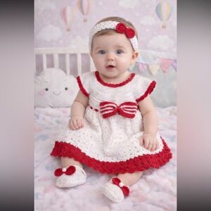 Adorable Red and White Crochet Baby Dress Set 3 piezas